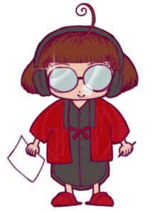 A chibi style full body self portrait of the artist. They are smiling and have big glasses, big headphones, and are holding a sheet of paper in one hand and a pencil in the other.