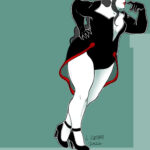 A reimagining of Lust from Fullmetal Alchemist, with alternate clothing. She is leaning on an implied wall.