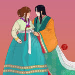 Two young women in traditional clothing. The one on the left is in hanbok, the on on the right is in kimono.