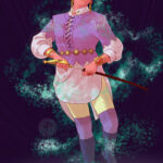 A figure in purple and yellow clothes stands in a magical circle. They are surrounded by glowing magic, and are pulling a sword from its sheathe.