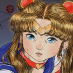 A classic screen capture of Sailor Moon has been redrawn in the artist's style. Sailor Moon is in her transformation outfit and she looks nervous.