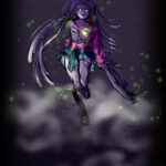 Femme android with heavy battle wear is walking towards the viewer through heavy mist or dust. Her eyes and chest are glowing. She holds one of her damaged arms like a blunt-force weapon.